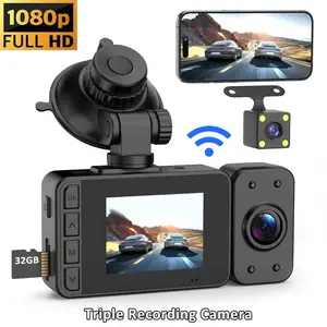 3 Channel Dash Cam 1080P Full HD - Front/Rear/Inside Triple Lens Car Camera with 2.0MP, Infrared Night Vision, 24/7 Parking Monitor, Loop Recording, Backup Camera, Rear View Camera, 2 Screen & WiFi Dashcam, Automotive Video Recorder for Vehicles