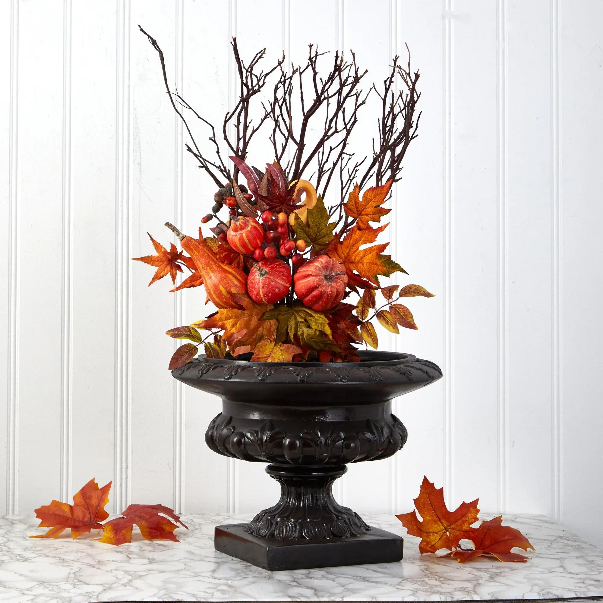 20” Silk Faux Pumpkin and Maple Leaf Bouquet (Set of 2) - Lifelike Fake Plant with Texture, Home Decor, Room Decor Gift