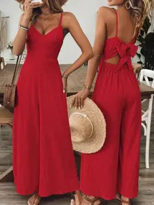 New Spring Summer Solid Color Fashion Casual Back Bow Jumpsuit, Beach Leisure Elastic Waist, Slim-Fitting Boho Style