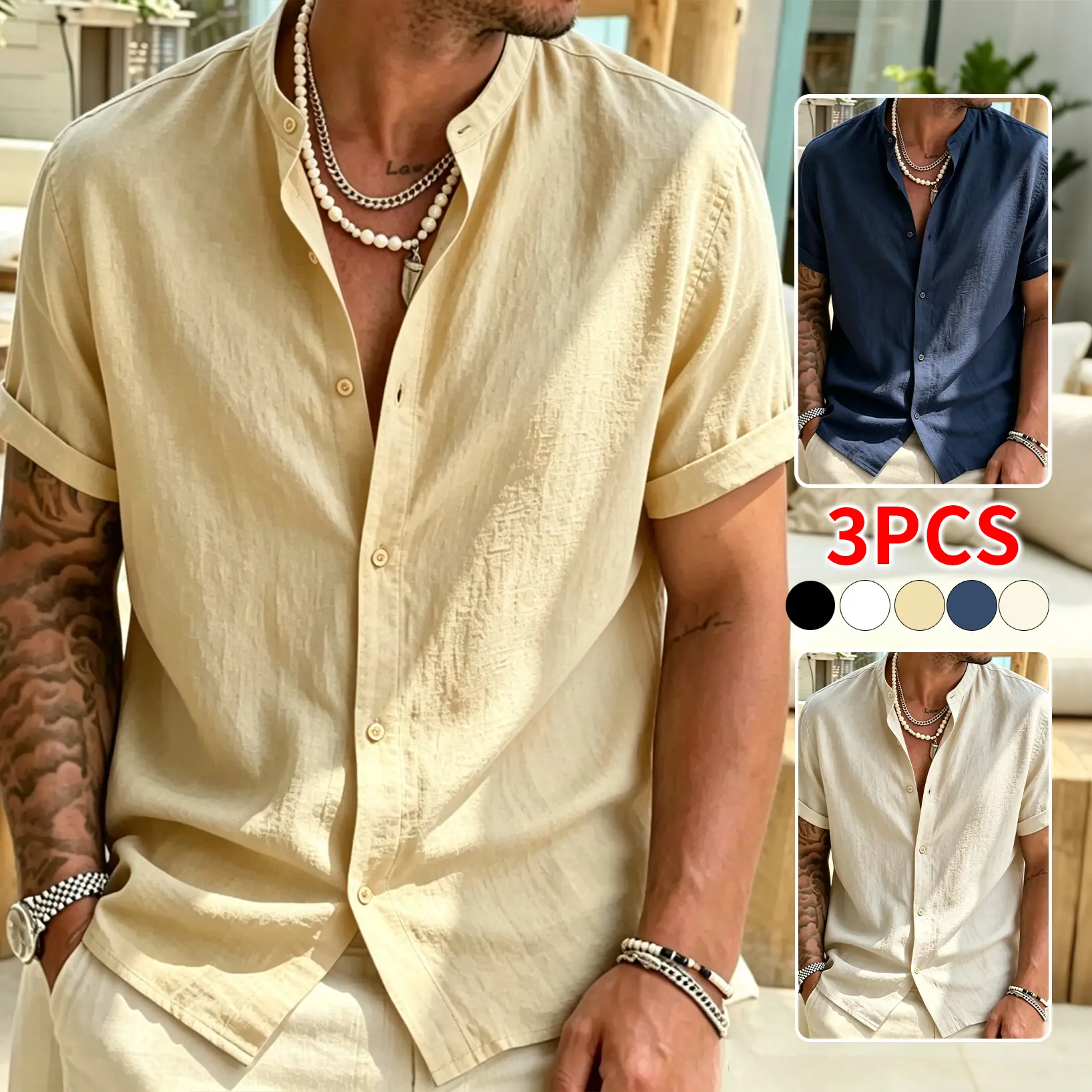 3 PCS Stylish Linen Stand Collar Loose Shirts in Multiple Colors, Breathable and Wrinkle Free, Ideal for Vacations and Travel, Light Business Casual Tops