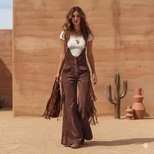 Women's Cowgirl Fringe Suspender Pants Boho Wide Leg Jumpsuit