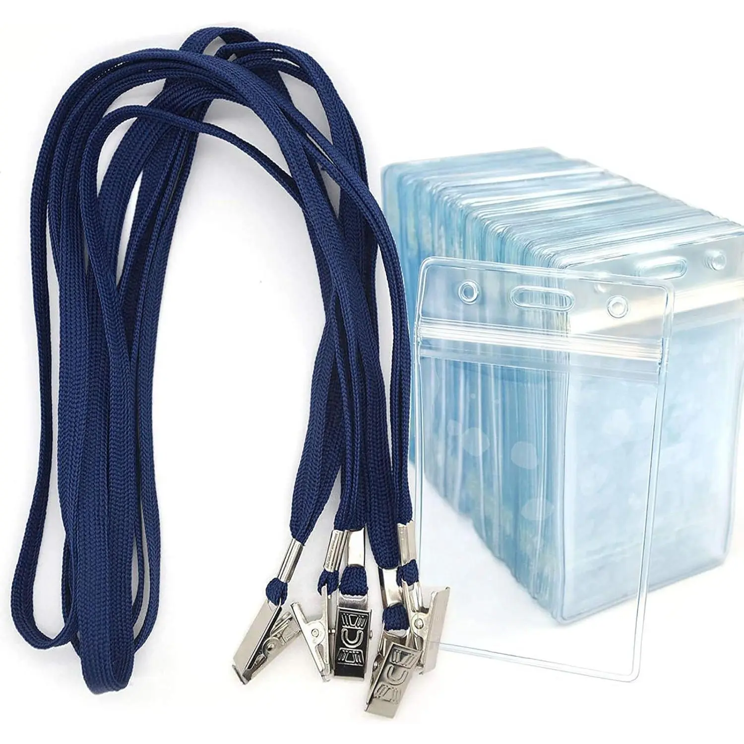 Lanyards with Id Holder Badges Name Tags 50 Pack Lanyards with Bulldog Clip and 50 Pack  Clear Plastic Vertical Name Tag Badge ID Card Holders (Navy Blue)