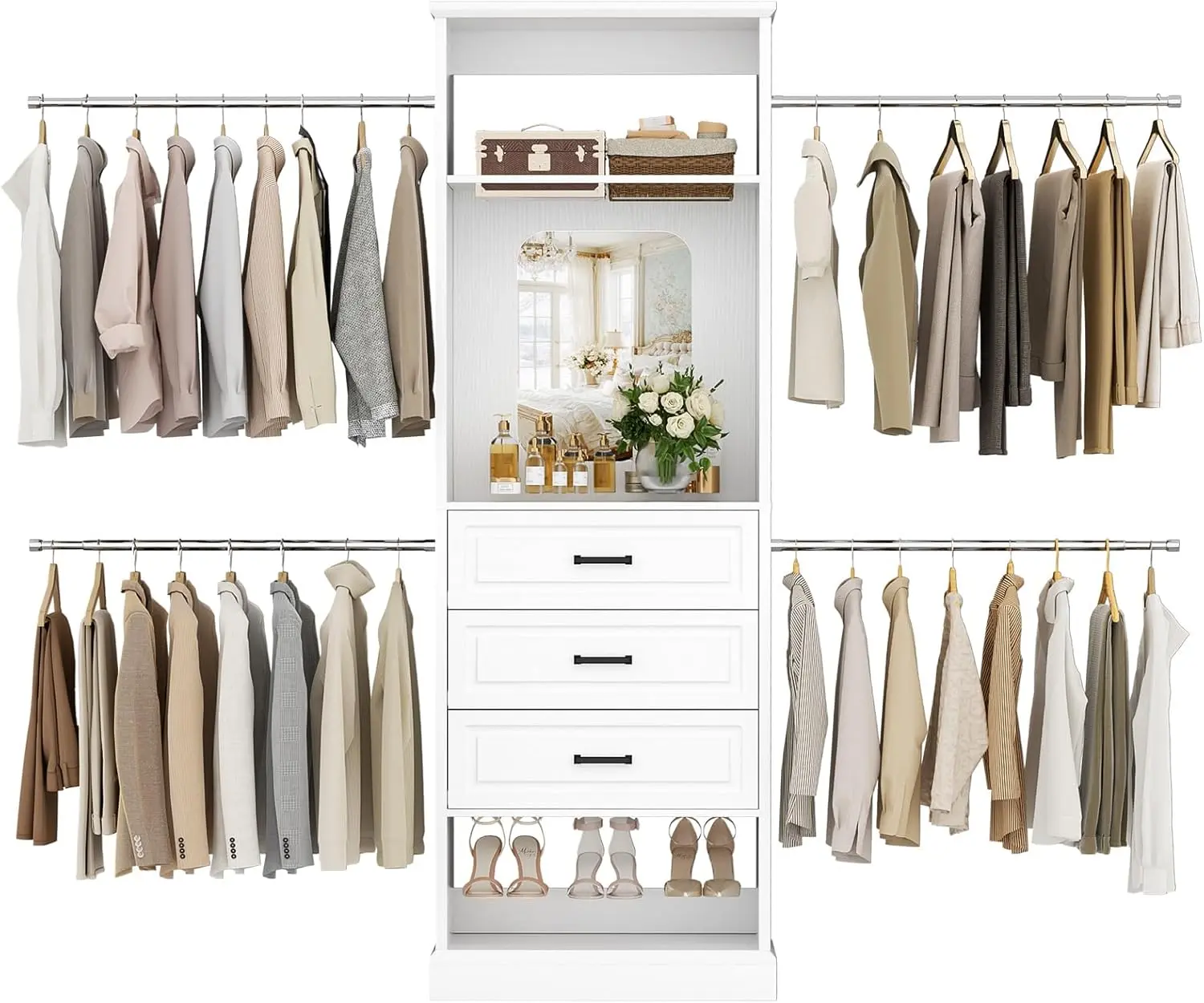 Unikito Closet System, 4FT - 9FT Closet Organizer with Mirror, Luxury Walk in Closet Insert with Drawers and 4 Hanging Rods, Sturdy Wood Wardrobe Closet Garment Rack with 25” Tower