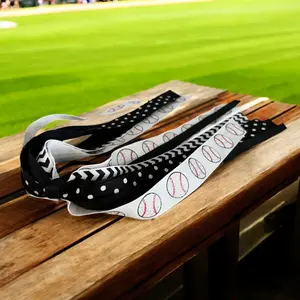 Baseball Glitter Ponytail Ribbon Bow, Black & White with Polka Dots, Choose Colors