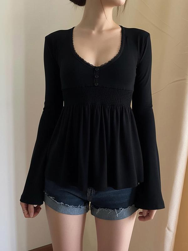 Sexy Elegant Low Neck Knit Half Placket Top. Casual Classy Top Flare Sleeve Loose Baby Doll Blouse. Solid Black Casual Y2K Minimalist T-Shirt for Daily Commute & Dating. Sexy Elegant Low Neck Knit Half Placket Top. Casual Classy Top Flare Sleeve Loose Baby Doll Blouse. Solid Black Casual Y2K Minimalist T-Shirt for Daily Commute & Dating.