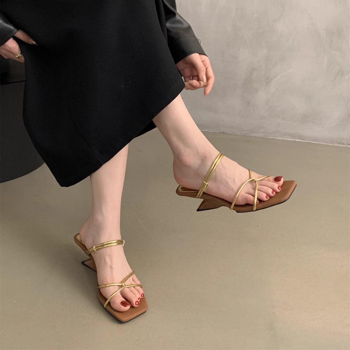 Women's Square-Toe Thin-Strap French Wedge Sandals, 2-Way Wear Summer Wedges