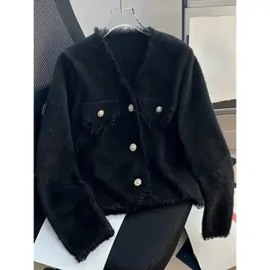 New French elegant simple classic black cardigan Women's V-neck casual fashion loose comfortable tassel edge jacket