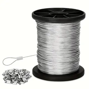 50-meter steel wire rope (including 50 sleeves)  1 mm diameter, 1.06 ounces per linear foot. Made of 304 stainless steel, the rope is flexible and comes in a continuous coil. Ideal for hanging light strings, hooks, or mesh structures, as well as for use