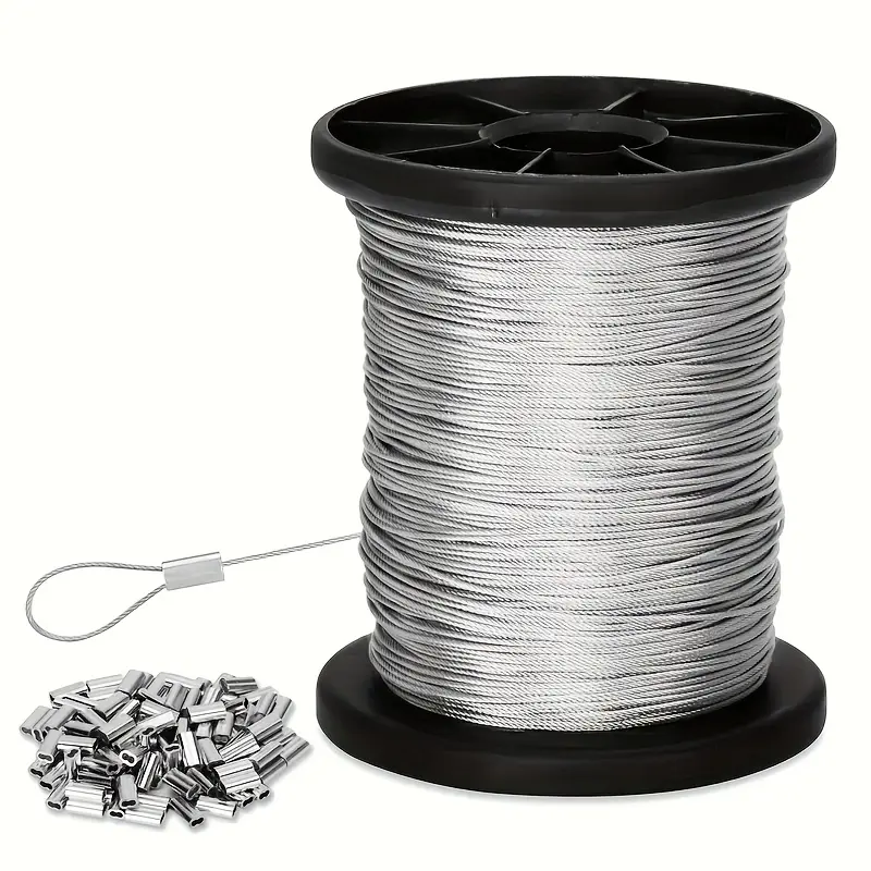 50-meter steel wire rope, Heavy Duty Rope, High Tensile Wire (including 50 sleeves), 1 mm diameter, 1.06 ounces per linear foot, Made of 304 stainless steel, flexible, continuous coil, Ideal for hanging light strings, hooks