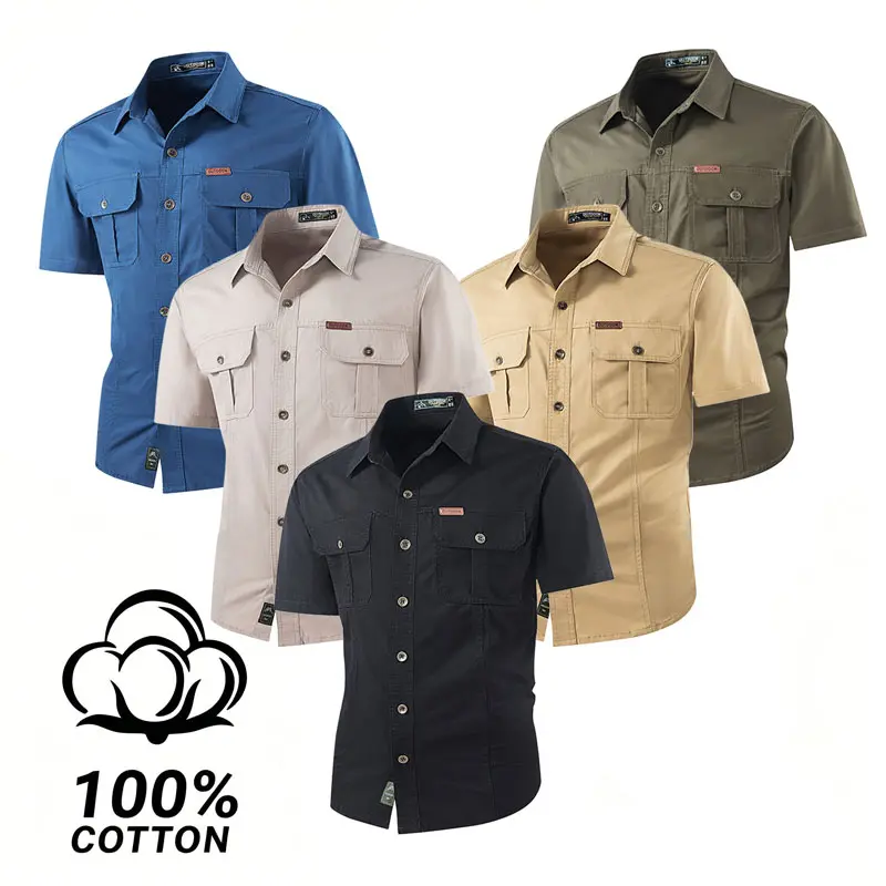 Men's Stylish Plain Short-Sleeve Button-Down Shirt - Menswear Mens Clothing Top, Breathable Cotton Blend, Casual Utility Workwear, 2 Chest Pockets, Outdoor Suitable