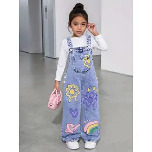 Y2K Sunflower Print Faux Overalls Young Girls| Loose Straight Cut with White Straps, Perfect Festivals and Back-to-School, Casual Style with Elastic Waist and Pockets, Outdoor
