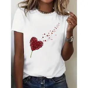 Heart Balloon Print, White Short Sleeve T-Shirt, Round Neck Comfortable, Casual Vacation Essential, Slightly Loose, Simple and High-End, Plus Size Women's Sports Casual T-Shirt