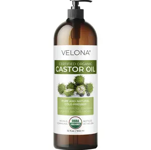 velona USDA Certified Organic Castor Oil - 32 fl oz (With Pump) | For Hair Growth, Boost Eyelashes, Eyebrows | Cold pressed, Natural Oil, USP Grade | Hexane Free, Lash Serum, Caster