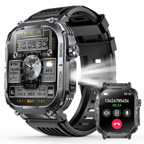 EIGIIS Rugged Men's Smart Watch - Wireless Silicone Wristwatch with Bluetooth Calls, LED Flashlight, Compass, Multi-Sport Modes, Info Reminders, Screen Display, Heavy-Duty Outdoor Device, Cool Tech Gift for Him (iOS/Android Compatible)