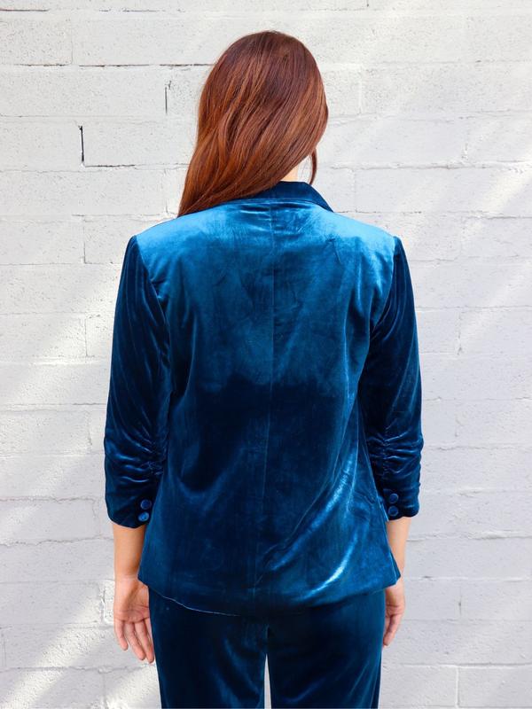 Velvet Blazer with Ruched Sleeves in Teal Color - Detailed Product Description Provided