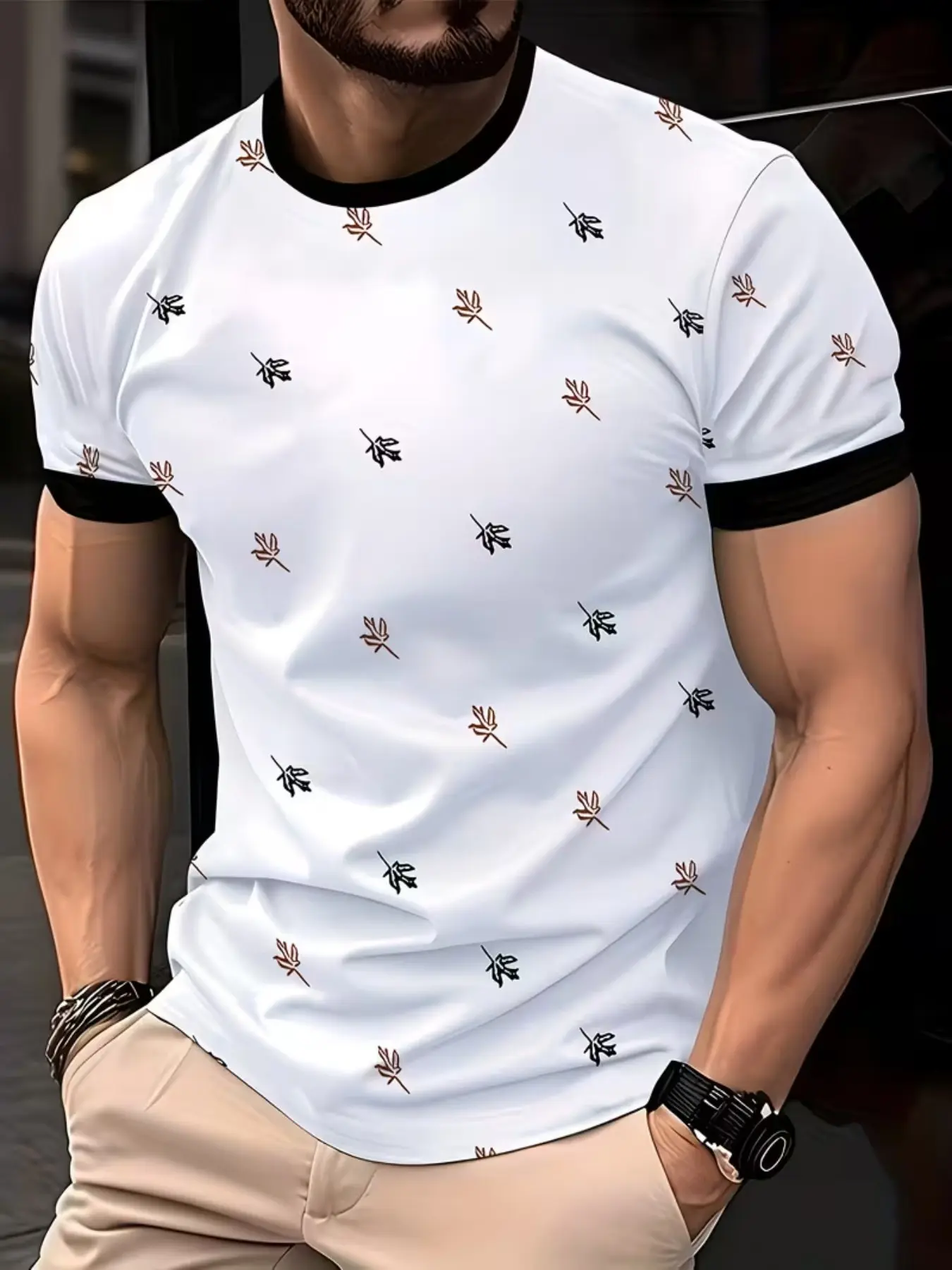 Men's Fashion Casual Round Neck T-Shirt, All over Print Slim-Fitting Top, Without Zipper or Button, Perfect for Everyday Wear