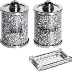Salt and Pepper Shakers,Glass Crystal Salt and Pepper Shakers Set of 3 Seasoning Shaker with Tray, Bling Salt Pepper Jar Container Pot and Stainless Steel Lid for Countertop,Table Salt-Silver