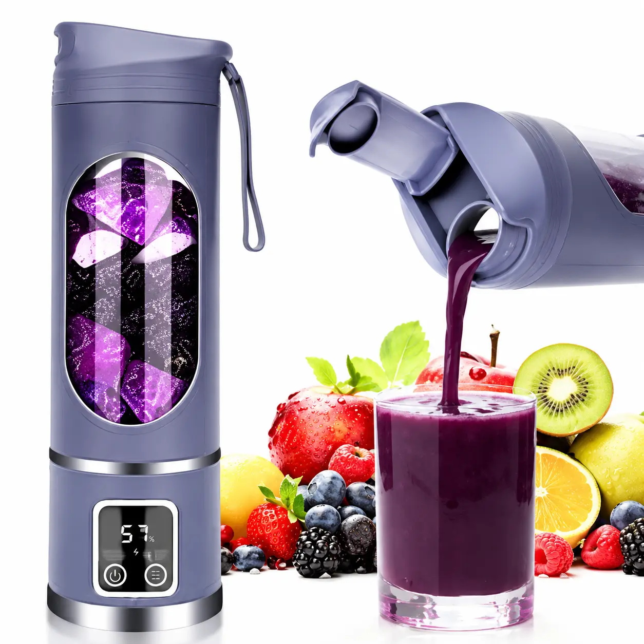 Portable Juicer with LED Display - USB Rechargeable Handheld Juice Blender, Valentine's Day Gifts, Li-Ion Battery-Powered Home Juicer, for Smoothie and Juice Blender with Ice Crush, Back-to-School Gifts fruit juice