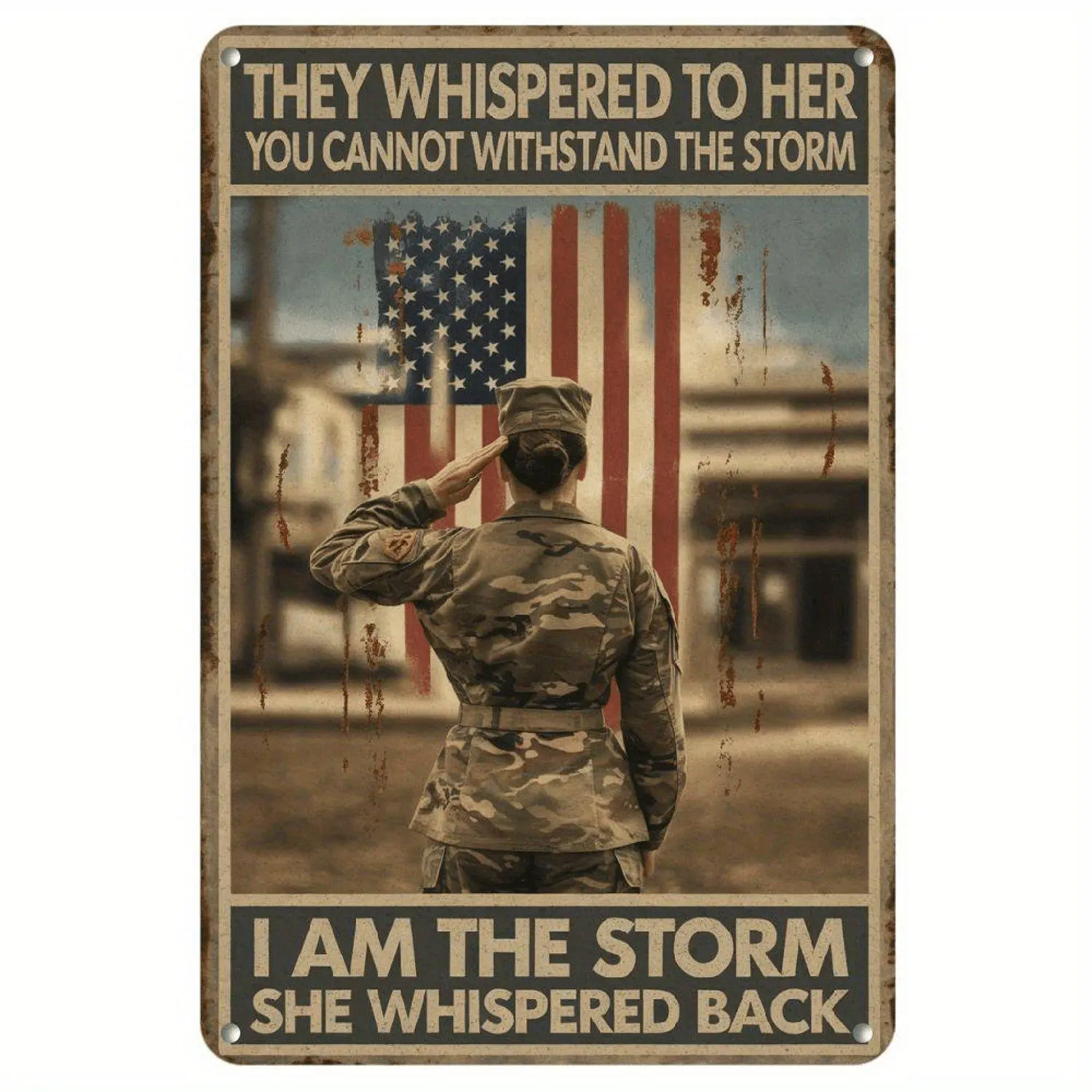 1pc Vintage Military Tin Wall Art Sign - 8x12 Inch Soldier Salute & American Flag Metal Poster with "I Am The Storm" Quote, Rustic Home Office Decor, Durable Tin Material, Easy to Hang, Army Decor, Patriotic Decoration, Antique Style, Vivid Color Print