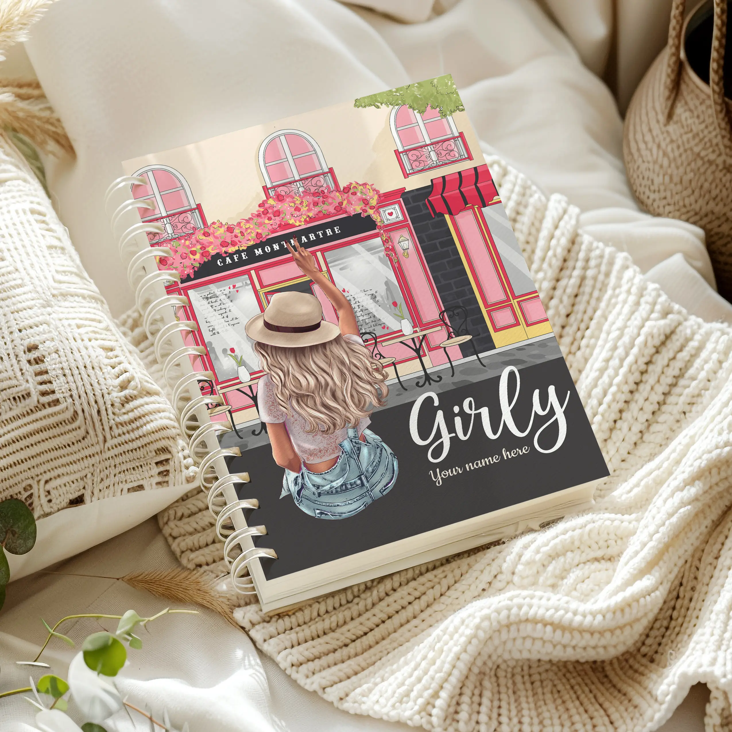 Custom Name Paris Cafe Journal | Girly Montmartre Notebook | Personalized Parisian Planner Gift