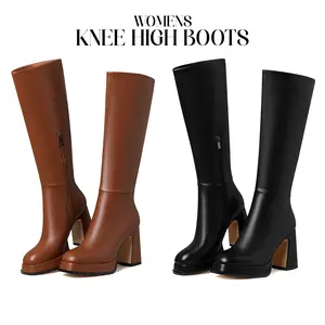 CYNLLIO Knee High Boots for Women Elegant Square Toe Chunky Block Heel Goth Tall Long Boots with Zipper Combat Wide Calf Motorcycle Dress Shoes