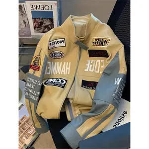 Autumn Embroidered PU Baseball Jacket for Men and Women High Street Retro Handsome Racing Suit Leather Men's Jacket Top Long Sleeve Casual