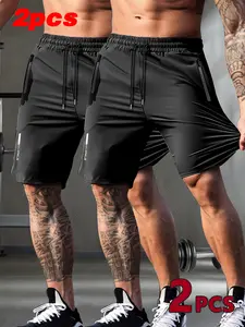 Men’s two-pack casual athletic shorts with a drawstring waist and zippered pockets, made from high-stretch ice silk fabric for breathability—ideal for jogging and everyday wear.