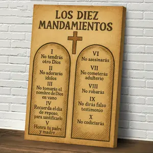 1pc Ten Commandments Spanish Religious Canvas Painting Christ Cross Print - Classical Wooden Frame Design, Suitable for Home, Office or Church Decoration, Indoor Religious Art Wall Decor - Wooden Frame Jesus Ornament