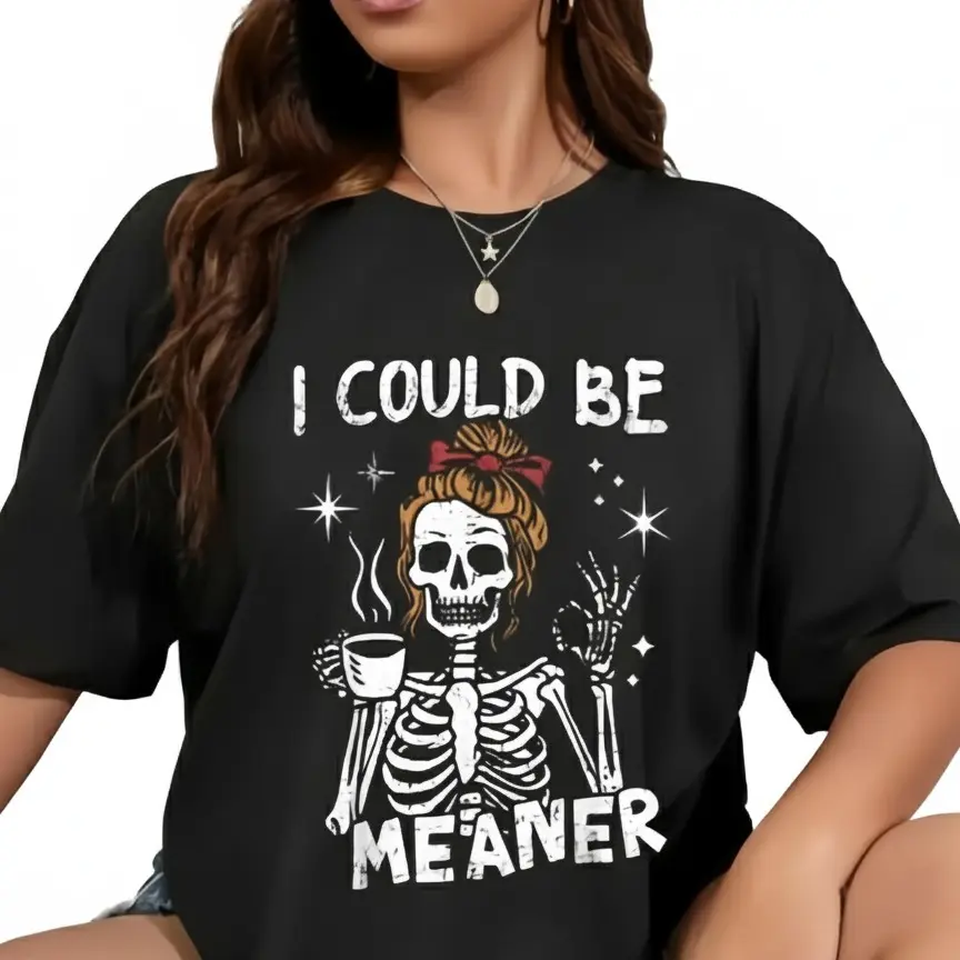 Women's Soft Cotton Graphic T-Shirt with Funny "I Could Be Meaner" Horror Print, Casual Everyday Top, Plus Size Curvy Clothing, Round Neck, Retro, Tshirt, Sleeves, Creepypasta Graphic Women's T-Shirts, Bold Slogan Graphic Women's T-Shirts