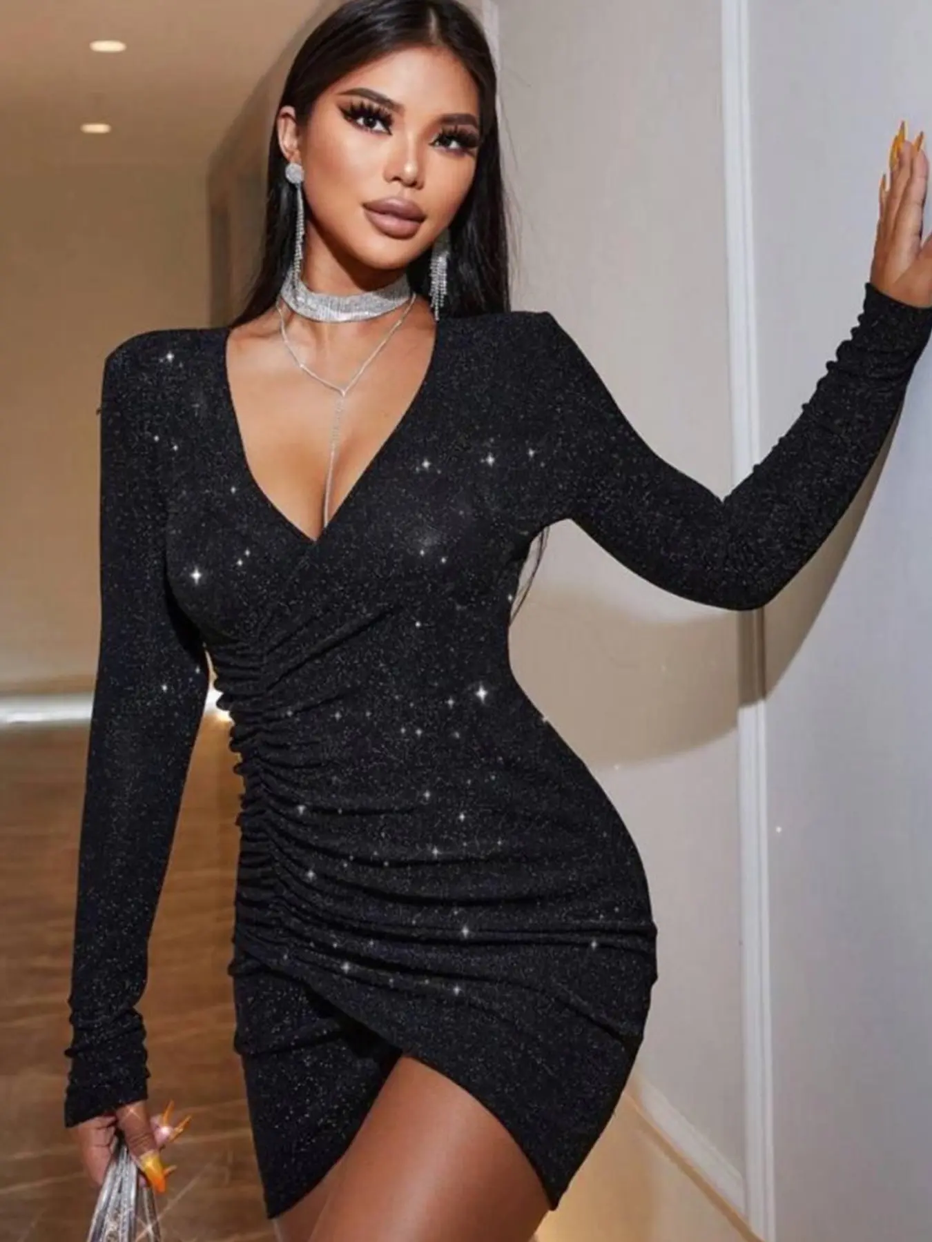 Sequin Patchwork V Neck Ruched Short Formal Dress, Sexy Sparkling Design,  Perfect for Party Dates, High-End Social Events, Light Evening Wear Women -  TikTok Shop