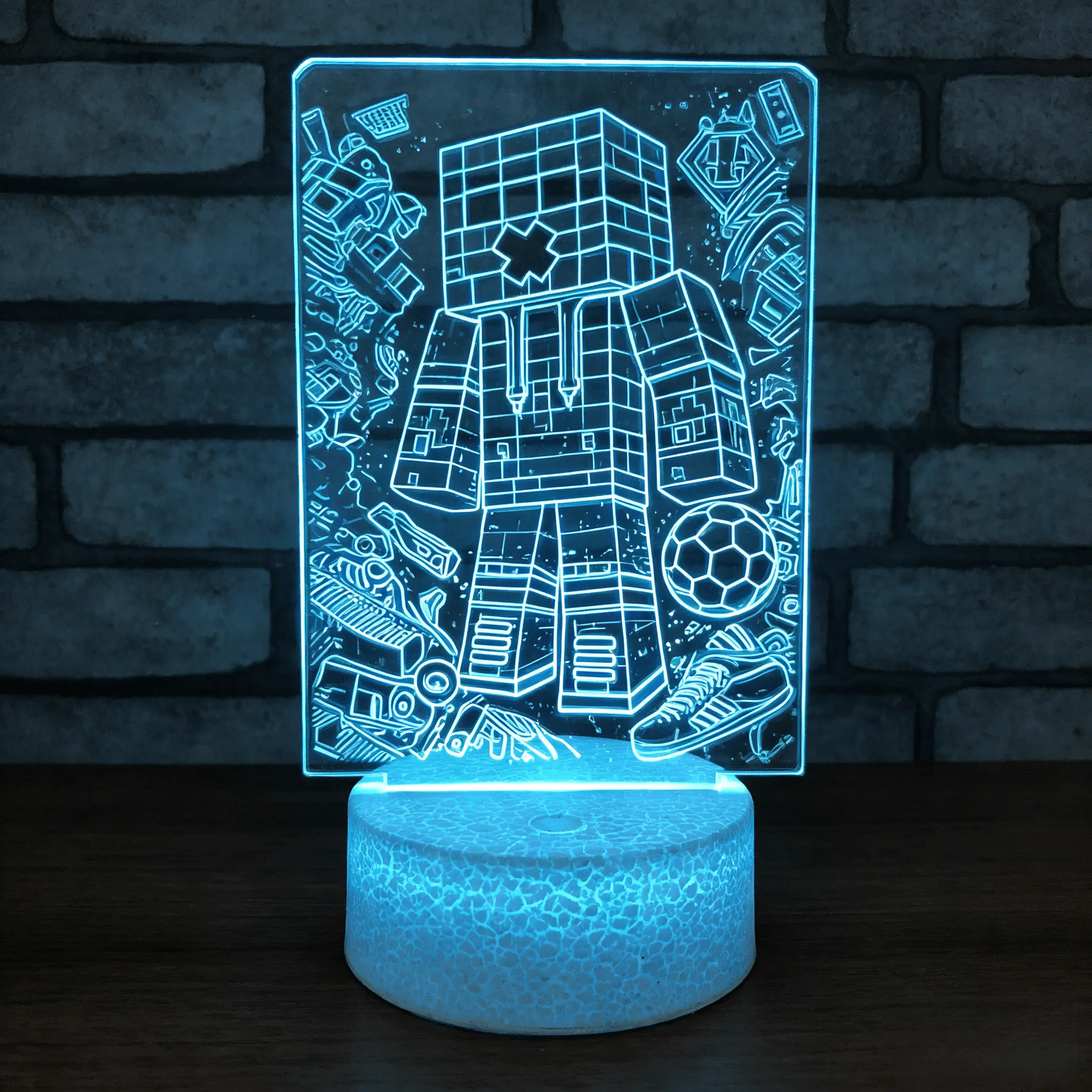 Pixel Block Character 3D Illusion Lamp | Doodle Background | Remote & Touch Control | Kids Bedroom Decor & Gift