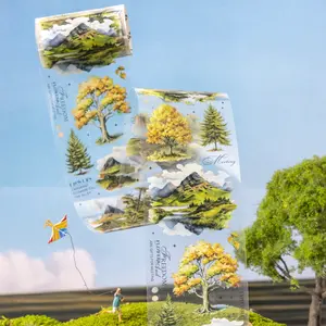 Tree Landscape Theme Pet Tape Roll, Decorative Adhesive Sticker for Journaling, Scrapbooking & Water Bottle Decoration, 1 Roll/bag