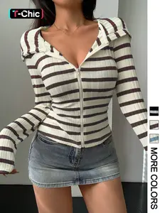 Women's Simple Striped Zipper Fitted Knit Long Sleeve Hoodie, Hooded Sweatshirt, Sweatshirts, Casual Daily Everyday Wear, Soft, Comfortable and Stylish, Perfect for Spring & Fall Seasons