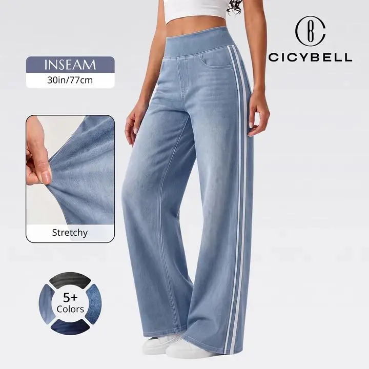 Cicy Bell Womens Pull On Jeans Wide Leg High Waisted Stretchy Side Striped Denim Pants