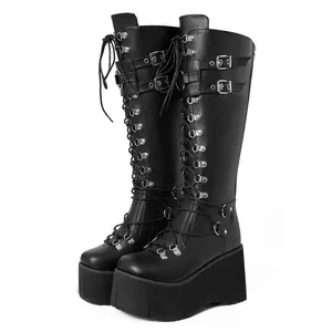 Black Platform Goth Boots Mid Calf with Chunky Heel Women Knee High Boots Punk Rave Boots Girls Lace Up Combat Flatform Footwear Walking Shoes Flatform