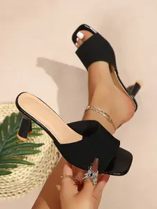 Women's Knit Single Strap Chunky Heel Mule Sandals, Square Toe Open-Toe High Heel Summer Shoes, Minimalist Style Casual Footwear, High Heeled Sandals, Elegant Sandals