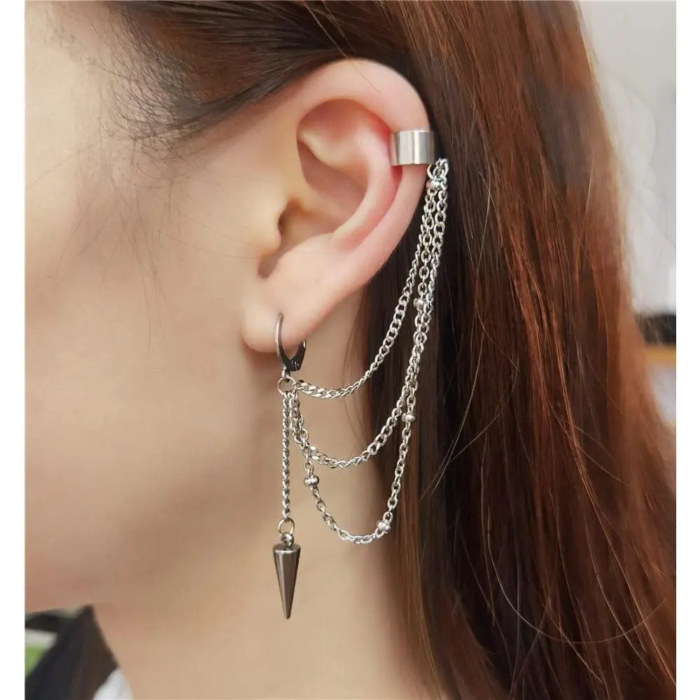 Women's Vintage Tassel Dangle Charm Ear Cuff - Stainless Steel Crawler Climber, Clip-On Vine Hoop Earrings with Layered Chain Drop, Lightweight Comfy Hanukkah/Mothers Day Lightning Bolt Cartilage Jewelry (1 Piece)