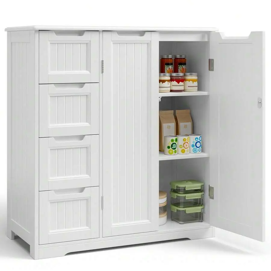 Freestanding Storage Cabinet With 4 Drawers And 3 Partitions, Double Door Freestanding Wooden Dressing Table With Anti-Tip Fixtures For Kitchen,