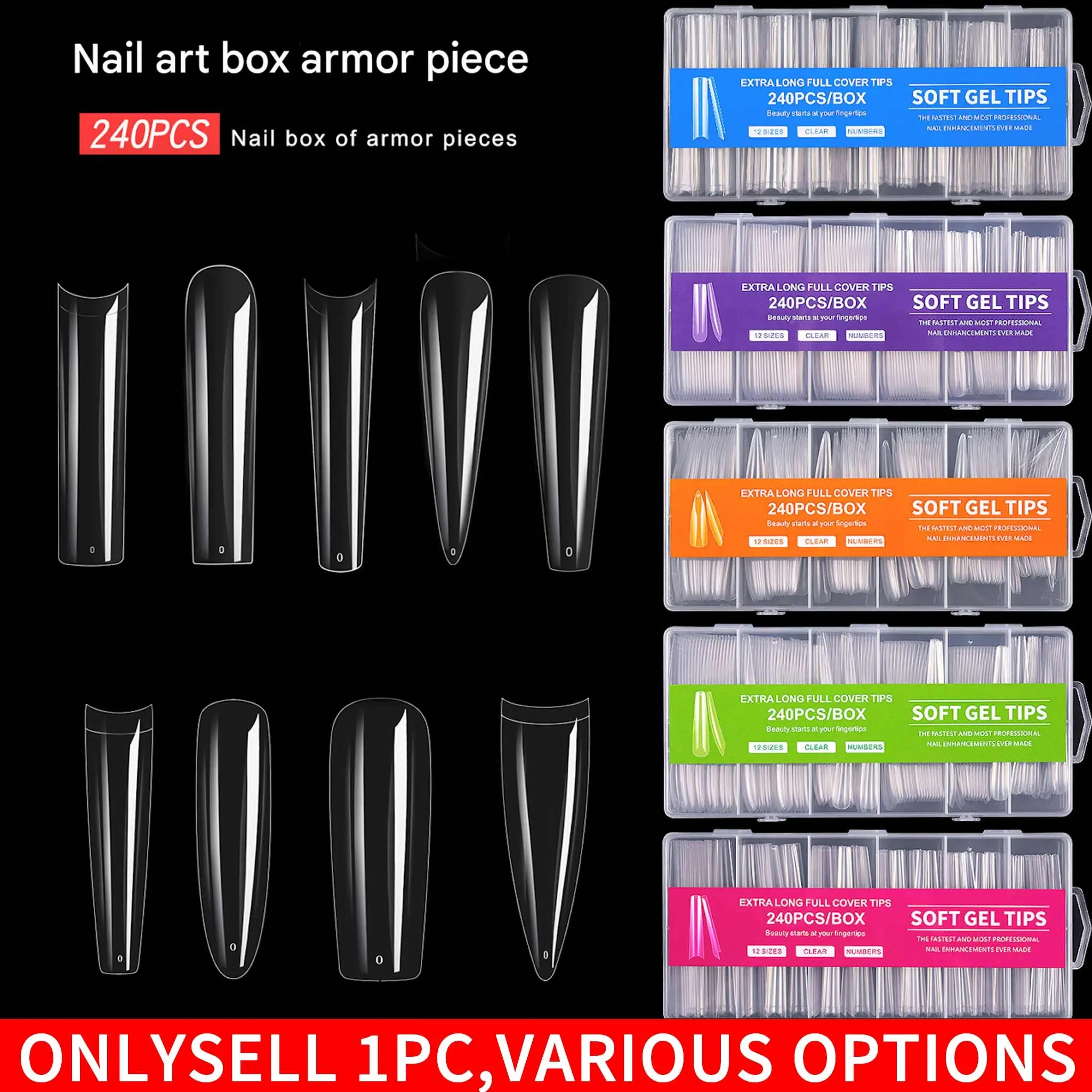 12 Sizes Long Coffin Fake Gel Nail Tips Set, 240Pcs Half Cover Acrylic Press On Nails Clear Artificial False Nails Kit, Nail Tips For Acrylic Nail/Dip Powder Nails/Gel Nail Art, Nail Enhancements