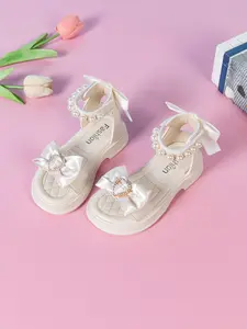 2026 Spring Girls' Bow Rhinestone Princess Sandals, Pearl Toe Ring Open Toe Soft Sole Shoes, Versatile Fairy Tale Toddler Sandals