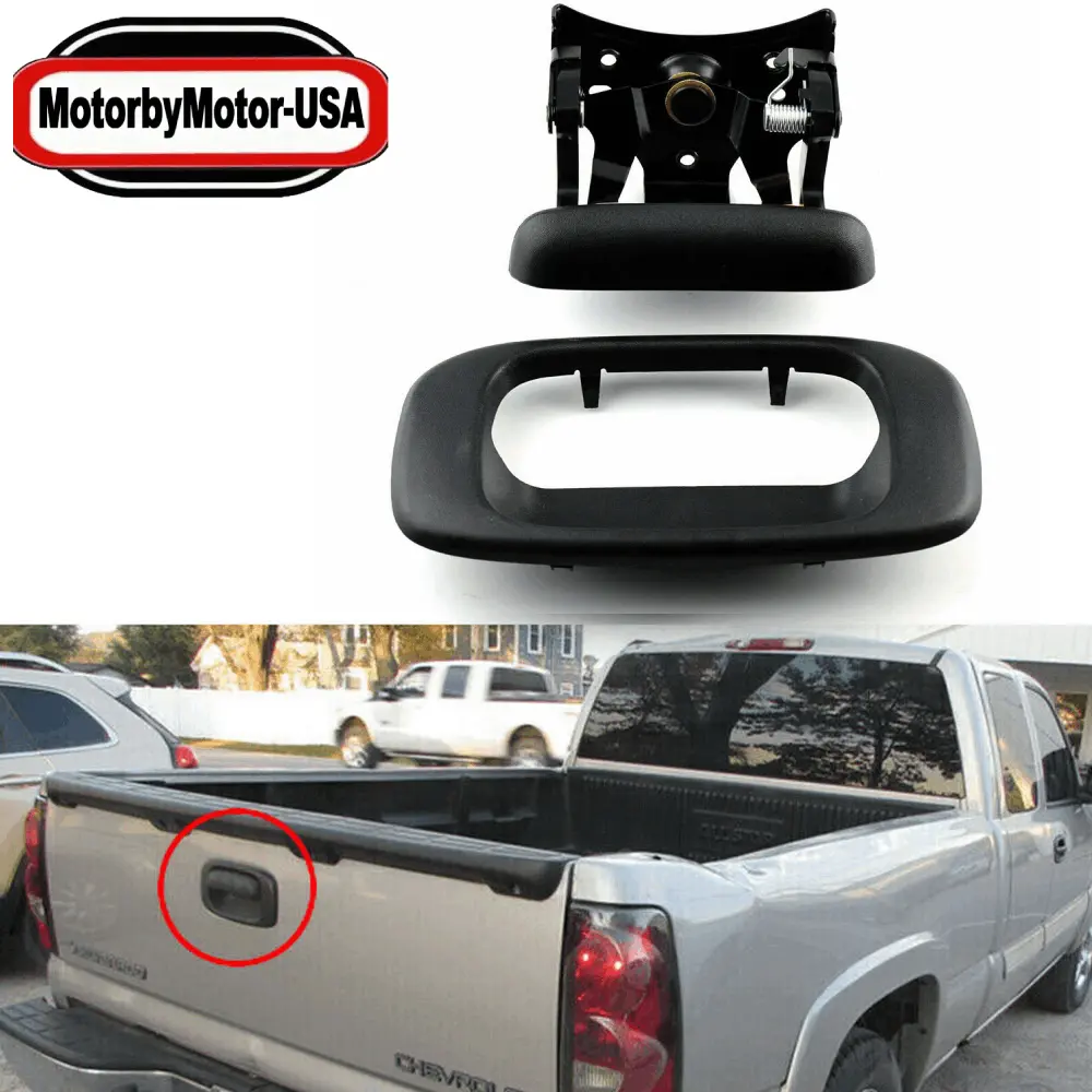 MotorbyMotor 1999-2007 Chevy Silverado GMC Sierra Tailgate Door Handle & Bezel Textured BLACK OEM Replacement Set for Truck Car Accessory