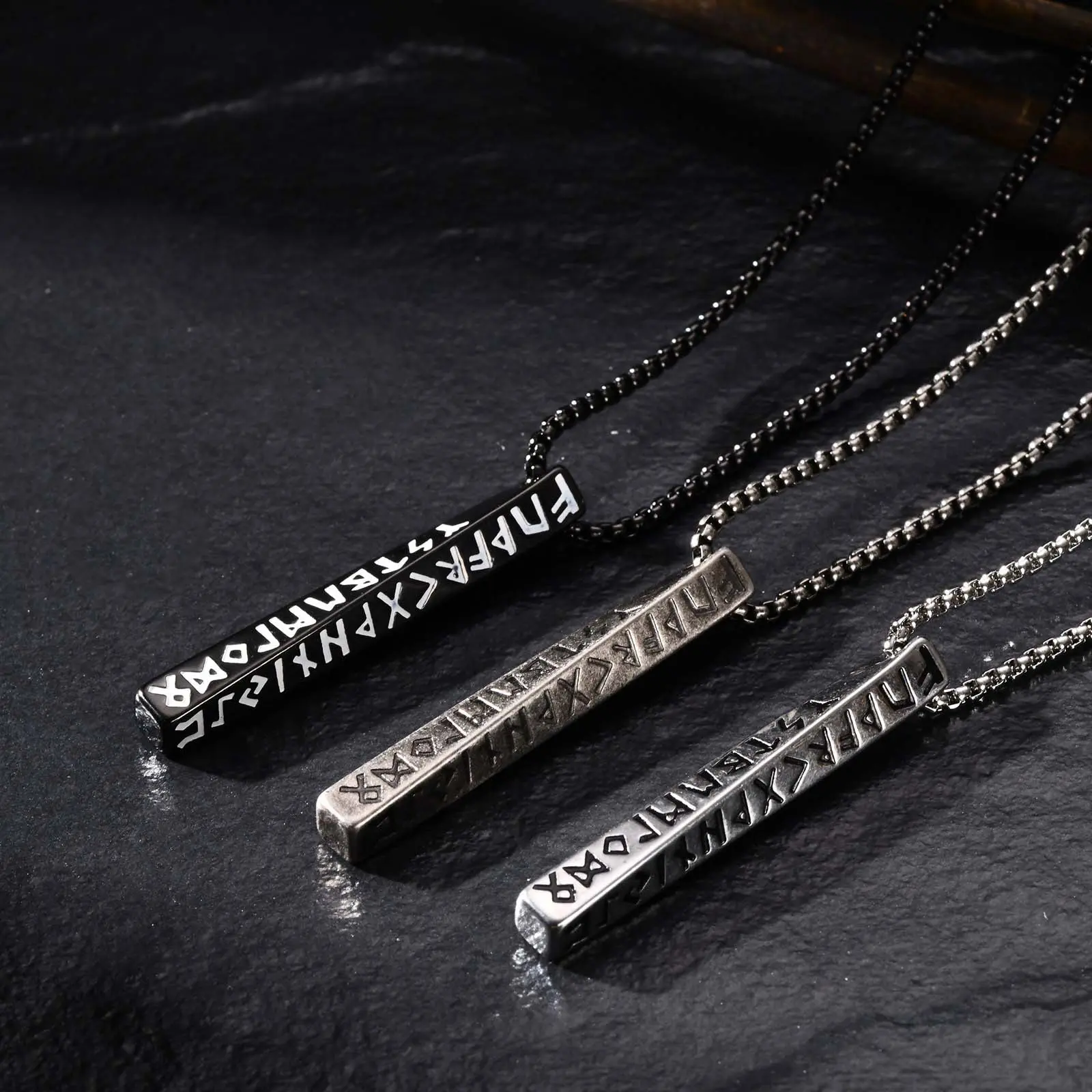 Viking Rune Bar Pendant Necklace – Stainless Steel Norse Symbol Jewelry for Men & Women, Couples Gift