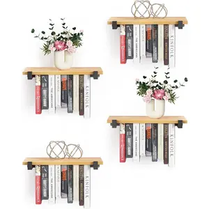 4 Set of Floating Bookshelf, Pine Wood Invisible Bookshelf, Hanging Bookshelves for Wall, Unique Space Saving Wall Bookcase (16.5L*8.7W*1.5H)