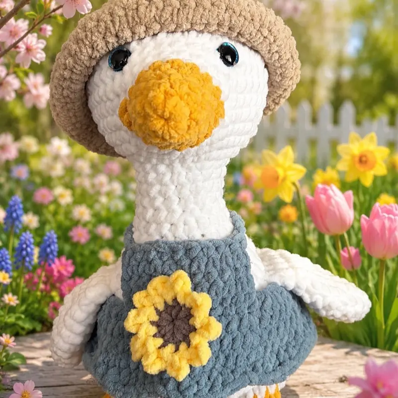 Crochet Plush Goose with Sunflower Design and Brown Hat for Kids