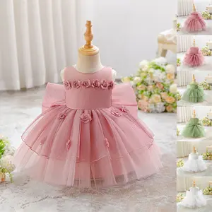 6M-3Y White 3025 Anniversary Baby Girls Clothes Infant Birthday Cocktail Mesh Bow Ball Gown Dress Toddler Pageant Newborn Ball Gown Princess Baptism Frock