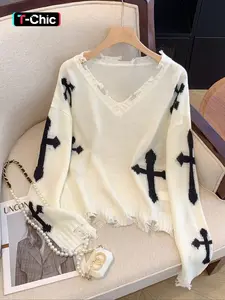 Women's Distressed Design Cross Pattern Knit Pullover Sweater, Fitted, Fashion Personal Style, Spring Summer Casual Wear, All Seasons