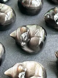 Silver/Golden Obsidian Natural Crystal Sleeping mini Cat Carving, Cute Animal for Reiki Healing Home Decor, Good Luck Symbol, Best Gifts for Creative Jewelry Ornament Decoration