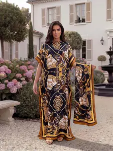 Women's Casual Fashion Nautical Print Robe Set, Long Dress with Headscarf Scarf, Beach Sun Protection Silk Ribbon, Summer, Beachwear