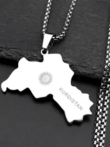 Kurdistan Map Flag Sun Symbol Name Engraved Jewelry Pendant Necklace for Men Women Stainless Steel Gold Color Ethnic National Geography Chain