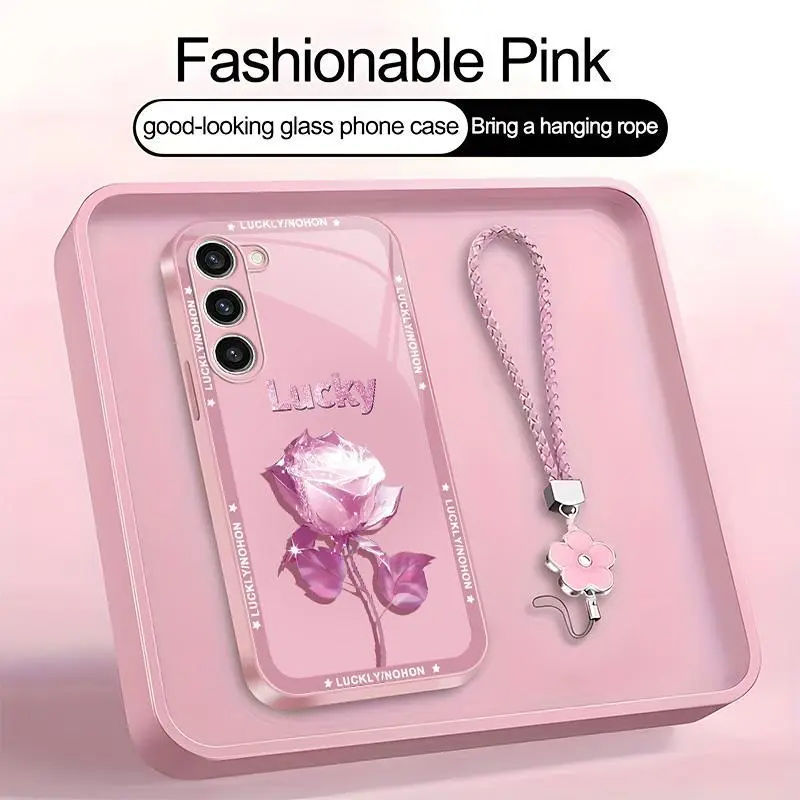 Suitable for [Galaxy S23+] high-end women's phone case🤩，a beautiful four-leaf clover lanyard is included🍀，exquisite and sophisticated rose pattern, a phone case that brings you good luck YM99